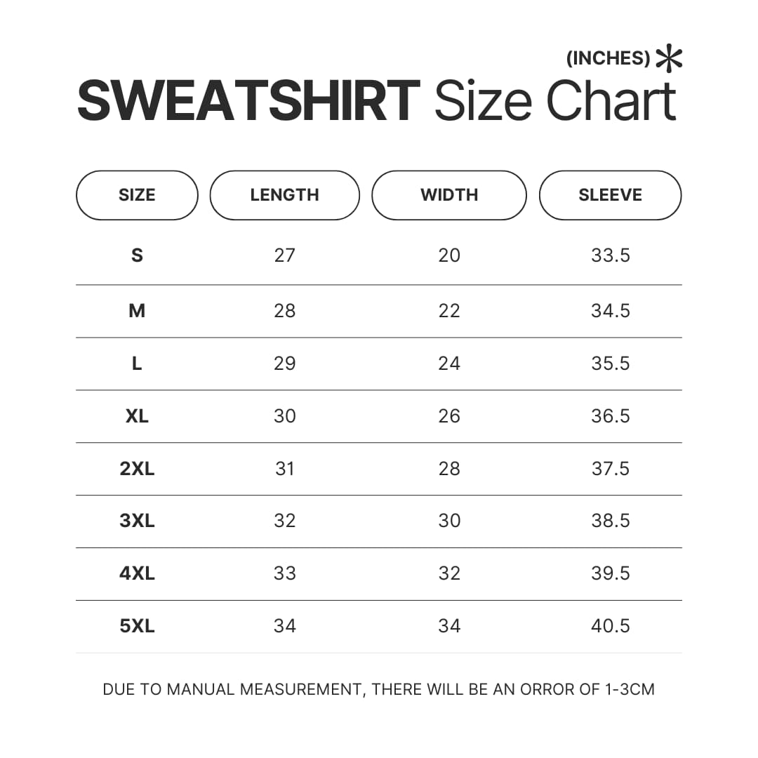 Sweatshirt Size Chart - A Day To Remember Merch